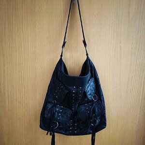 Vintage 90s/Y2K / Fashion Express / Black Faux Leather / Studded / Hobo Bag